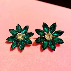 Green Rhinestone Flower Earrings